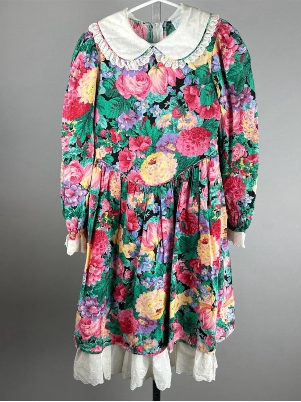 Vtg 90s Childrens Hour Jan Briggs Floral Print Eyelet Lace Trim Party Dress 10